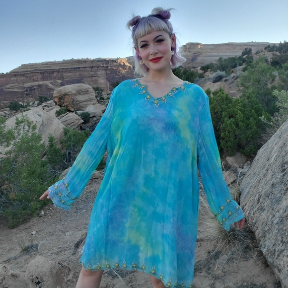 Roaman's Blue Tie Dye Beaded Chiffon Dress - Picture 11 of 14